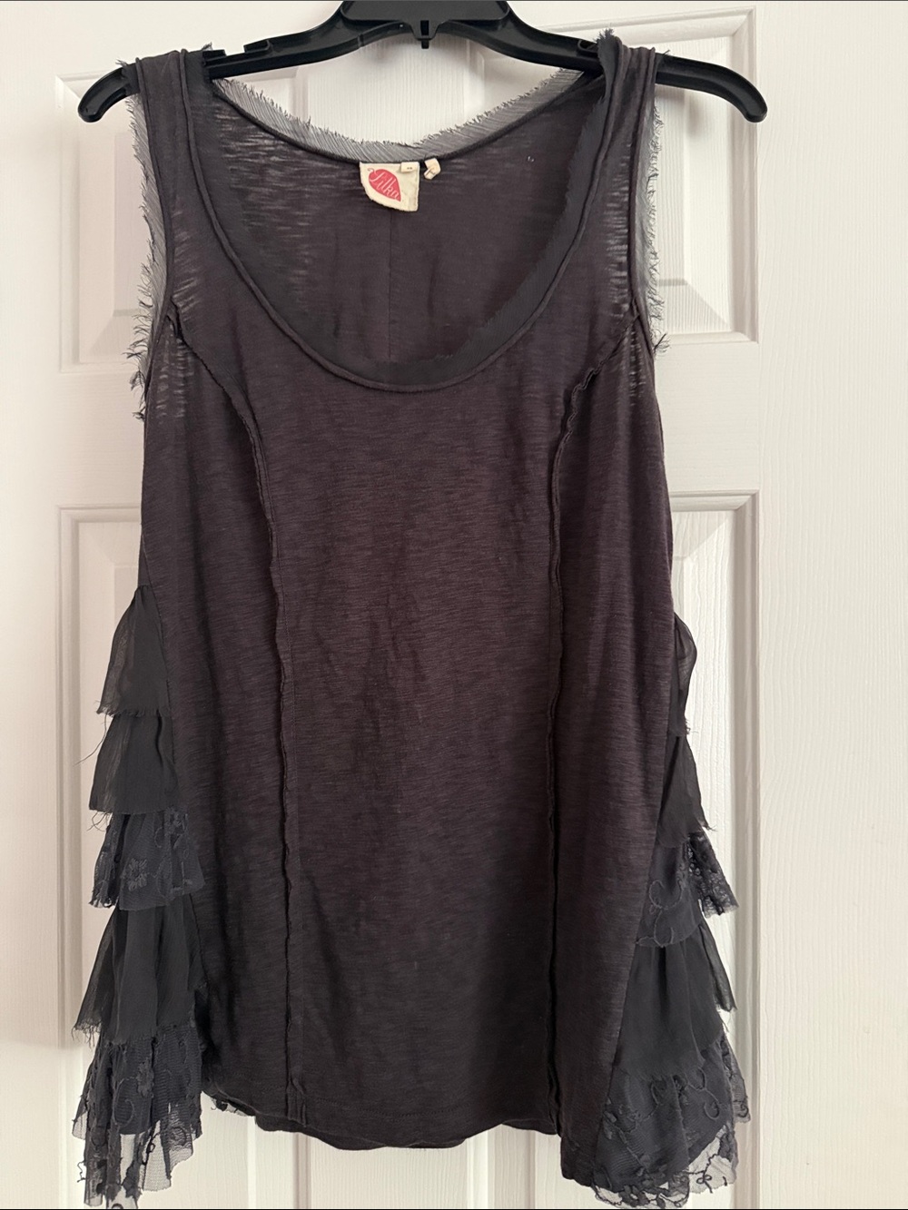 Anthropologie Black Ruffle Lace-Panel Tank Top